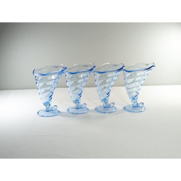 SET of 4 Bormioli Rocco Fortuna blue glass cornucopia dessert horns Italy - Picture 4 of 9